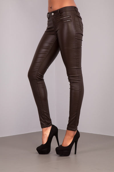Lusty Brown Leather Look Jeans With 4 Zips - Denim Crush