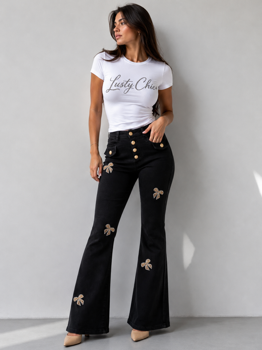 Black Stretch Wide Flare Jeans with Button & Bow Front – Lusty Chic