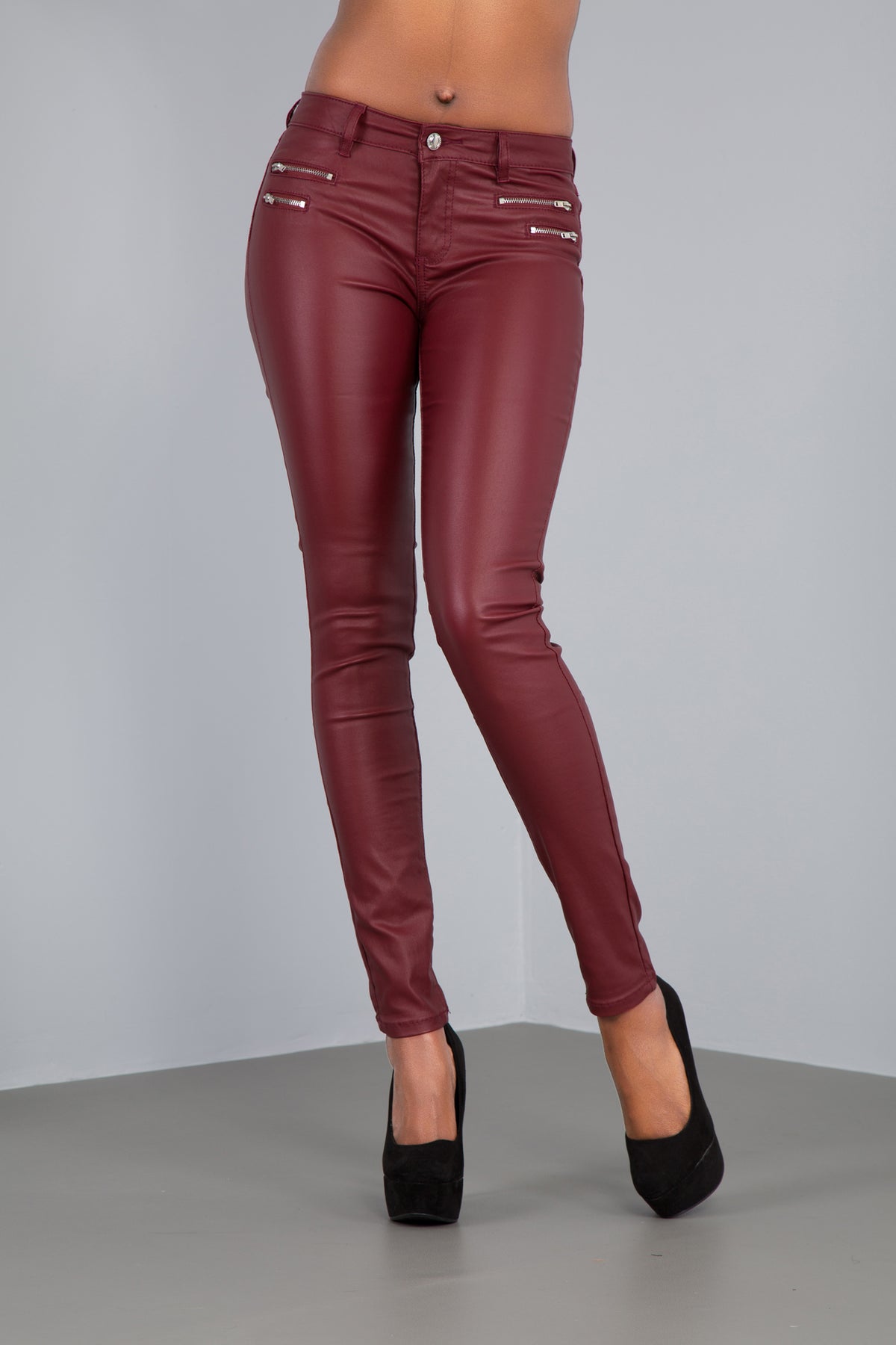 Burgundy Leather-Look High Waist Leggings
