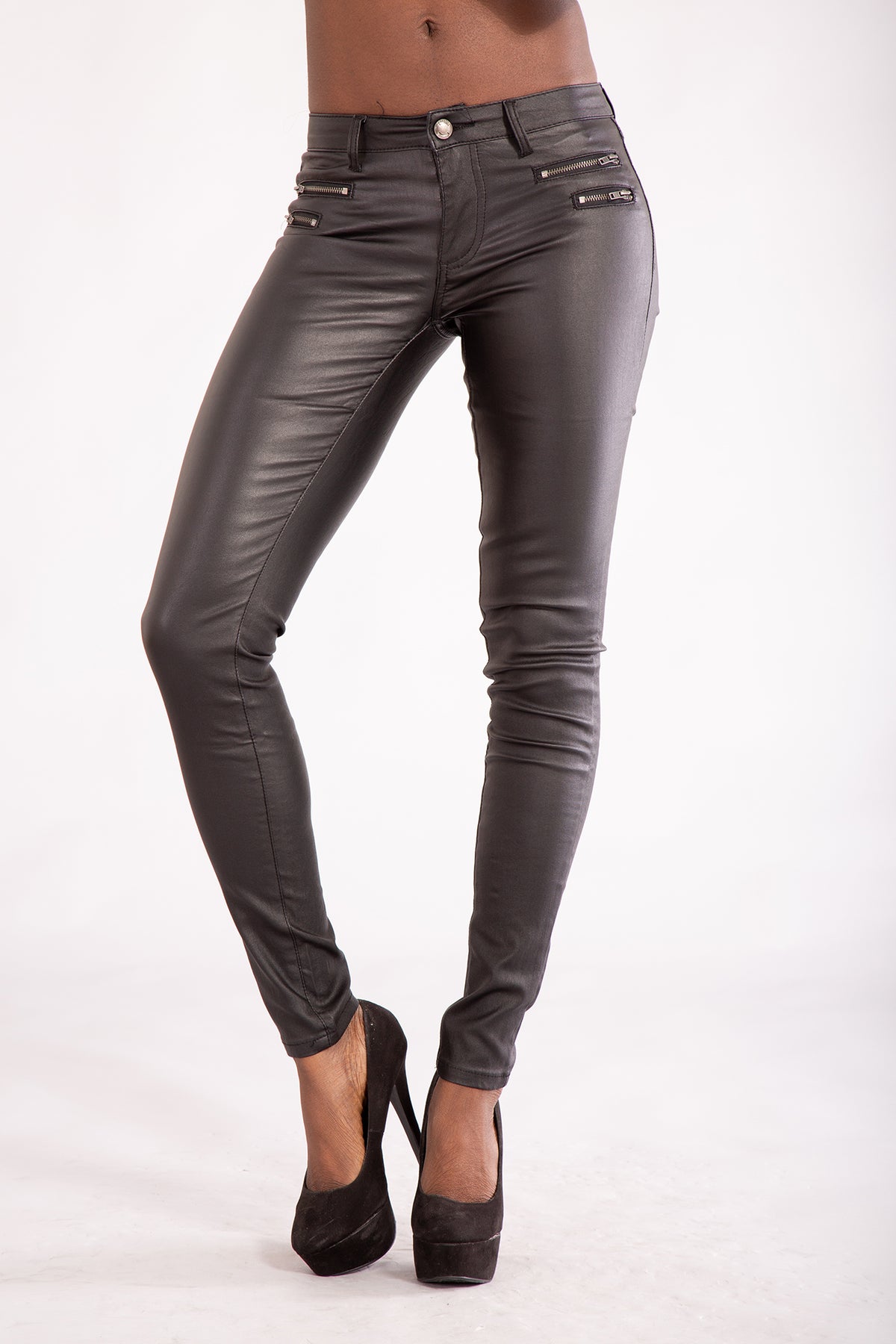 Womens High Waist Stretch Leather Look Jeans